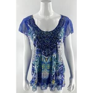 Live and Let Live Womens Top Size XL Blue Rhinestone Embellished Flutter Sleeve